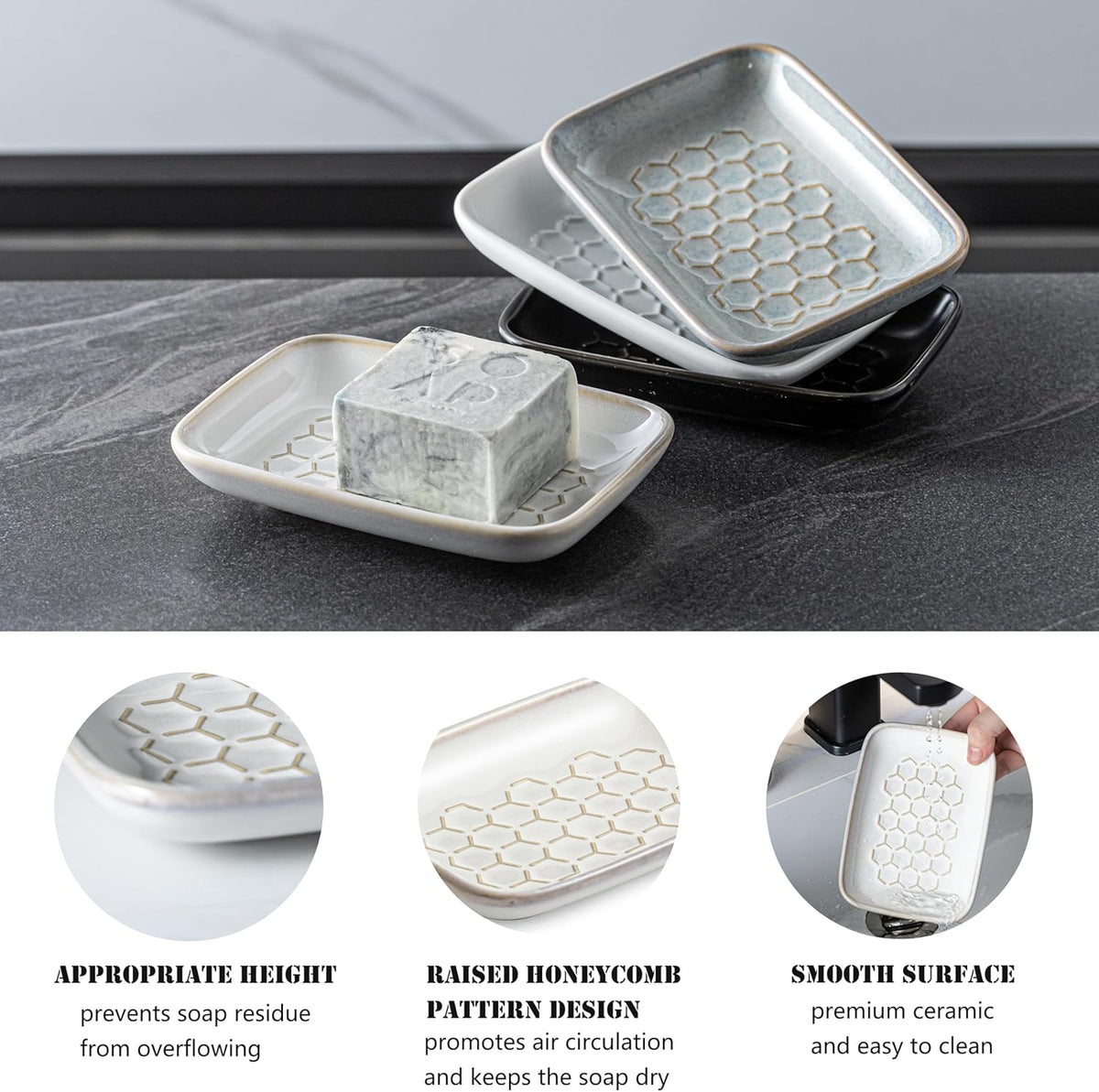 Gomakren Soap Dish for Shower, Bar Soap Holder, Ceramic Soap Dishes for Bar Soap, Sponge Holder Soap Saver Soap Tray for Bathroom Kitchen Sink, 5.5 Inch, Beige