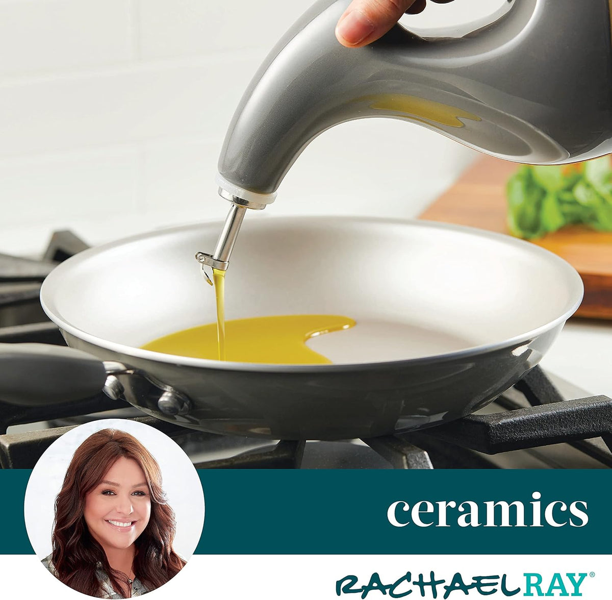 Rachael Ray 48465 Ceramic EVOO Oil and Vinegar Dispensing Bottle with Spout, 24 Ounce - Dark Gray