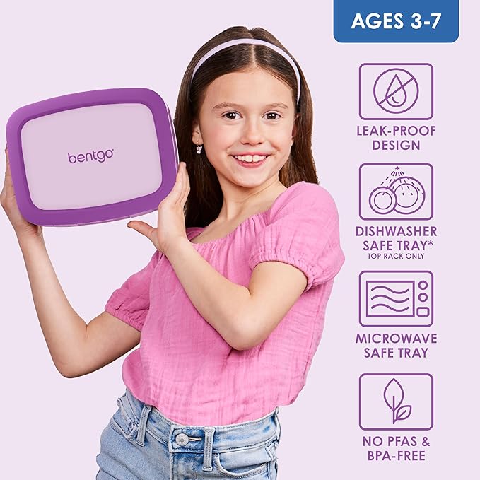 Bentgo Kids Bento-Style 5-Compartment Leak-Proof Lunch Box - Ideal Portion Sizes for Ages 3 to 7 - Durable, Drop-Proof, Dishwasher Safe, PFAS & BPA-Free & Made with Food-Safe Materials (Purple)