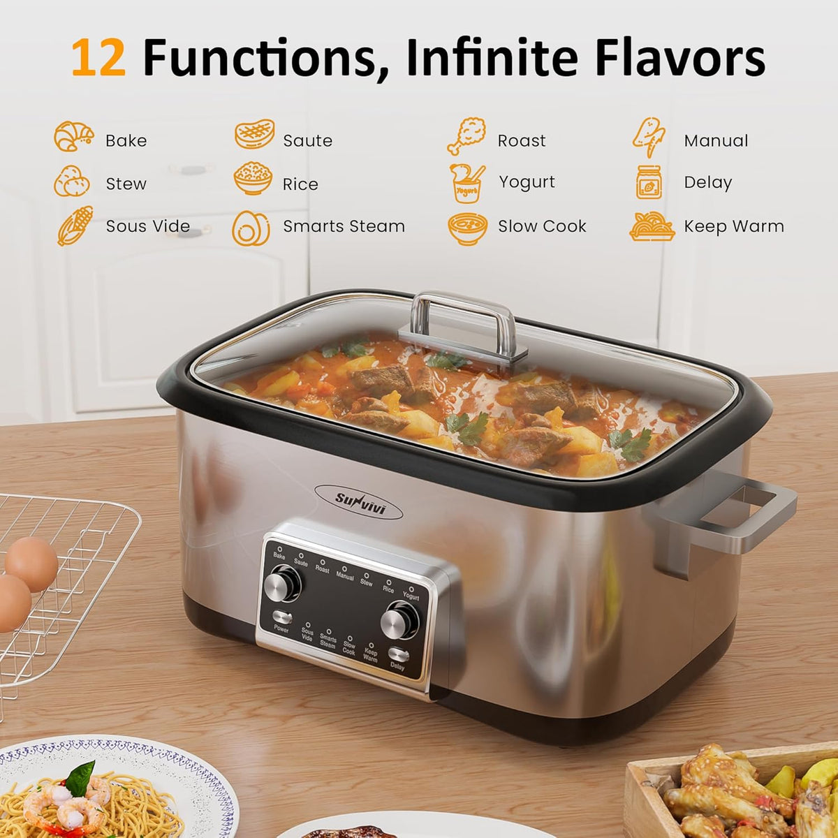 Sunvivi 8 Quart Slow Cooker Roaster Oven, 12 in 1 programmable Multi-Cooker Food Warmer with Digital Timer, Temp Control, Removable Cast Aluminum Pot & Dishwasher-Safe Tempered Glass Lid, Stainless