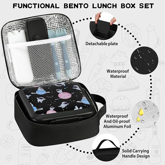 Bento Lunch Box for Kids With 8oz Soup Thermo,Leak-proof Lunch Containers with 5 Compartment,Thermo Food Jar and Lunch Bag, Food Containers for School (A-Black(Circumnavigate Space))