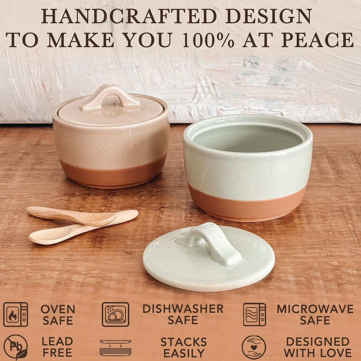 Mora Ceramic Salt and Pepper Cellar Set with Lid - 10 oz Modern Canister/Container/Bowl for Storage, Sea Salt, Spice, Sugar, Countertop - Small Dish/Jar with Wood Spoon, Matcha & Chai Crock