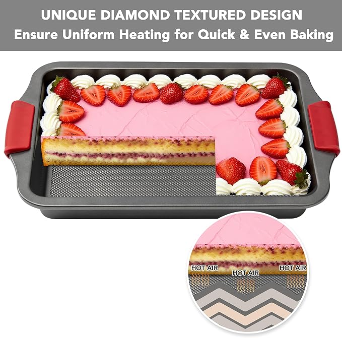 Tiawudi 13" x 9" Cake Pan, 0.8mm Thick Heavy Duty Baking Dish with Diamond Texture Pattern for Even Heating, Nonstick Baking Pan for Bread, Brownie or Lasagna, Cake Mold with Silicone Grip Handles