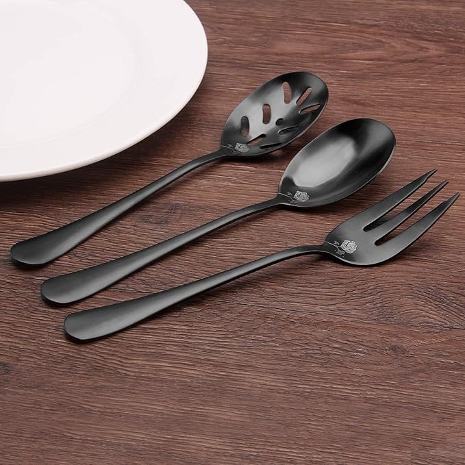 Matte Black Serving Set, sharecook 5-Piece 18/0 Stainless Steel Large Hostess Set with Round Edge, Satin Finished, Dishwasher Safe -Spoons, Forks,Butter Knife& Slotted Spoon