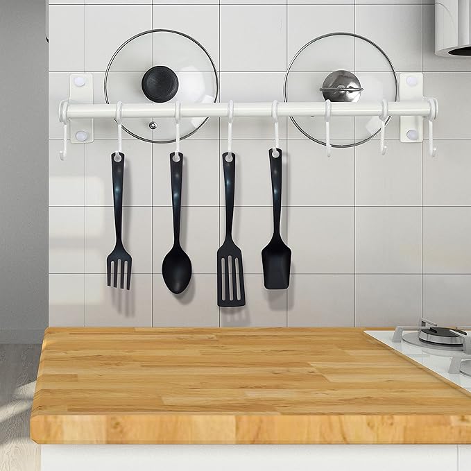 Dseap Pot Rack - Pots and Pans Hanging Rack Rail with 8 Hooks, Double Bars, Pot Hangers for Kitchen, Wall Mounted, White