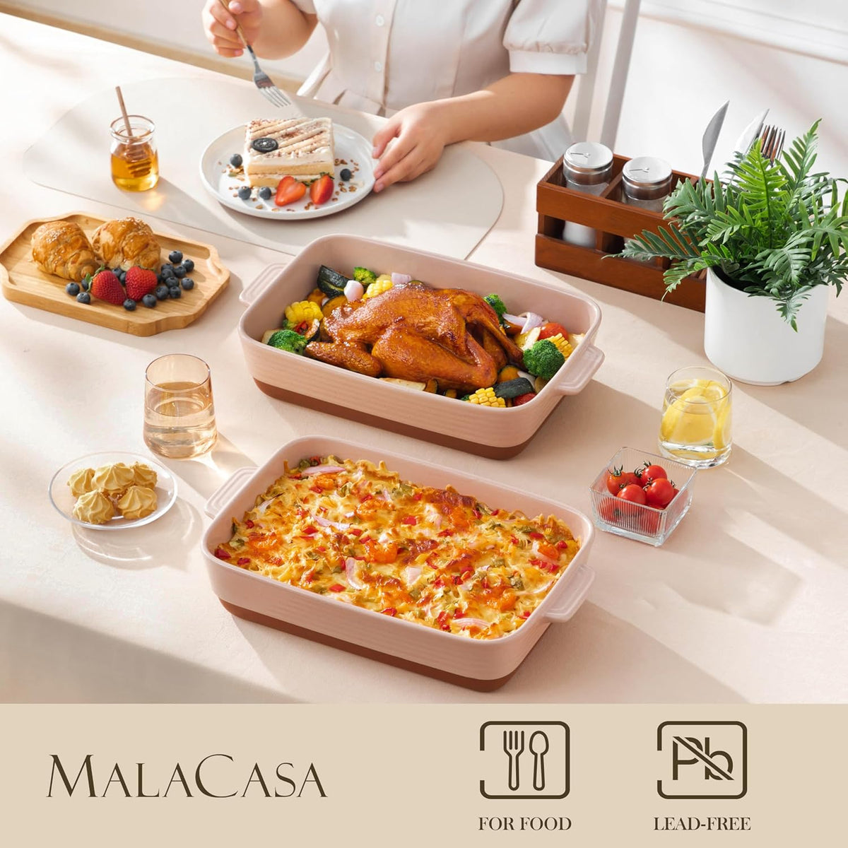 MALACASA 4.8 Qt Ceramic Oven Dish with Handles, 9 x 13 Inch Baking Dish Casserole Dishes, Deep Rectangular Lasagne Dishes Bakeware for Roasting (Khaki & Pink), Series TARA