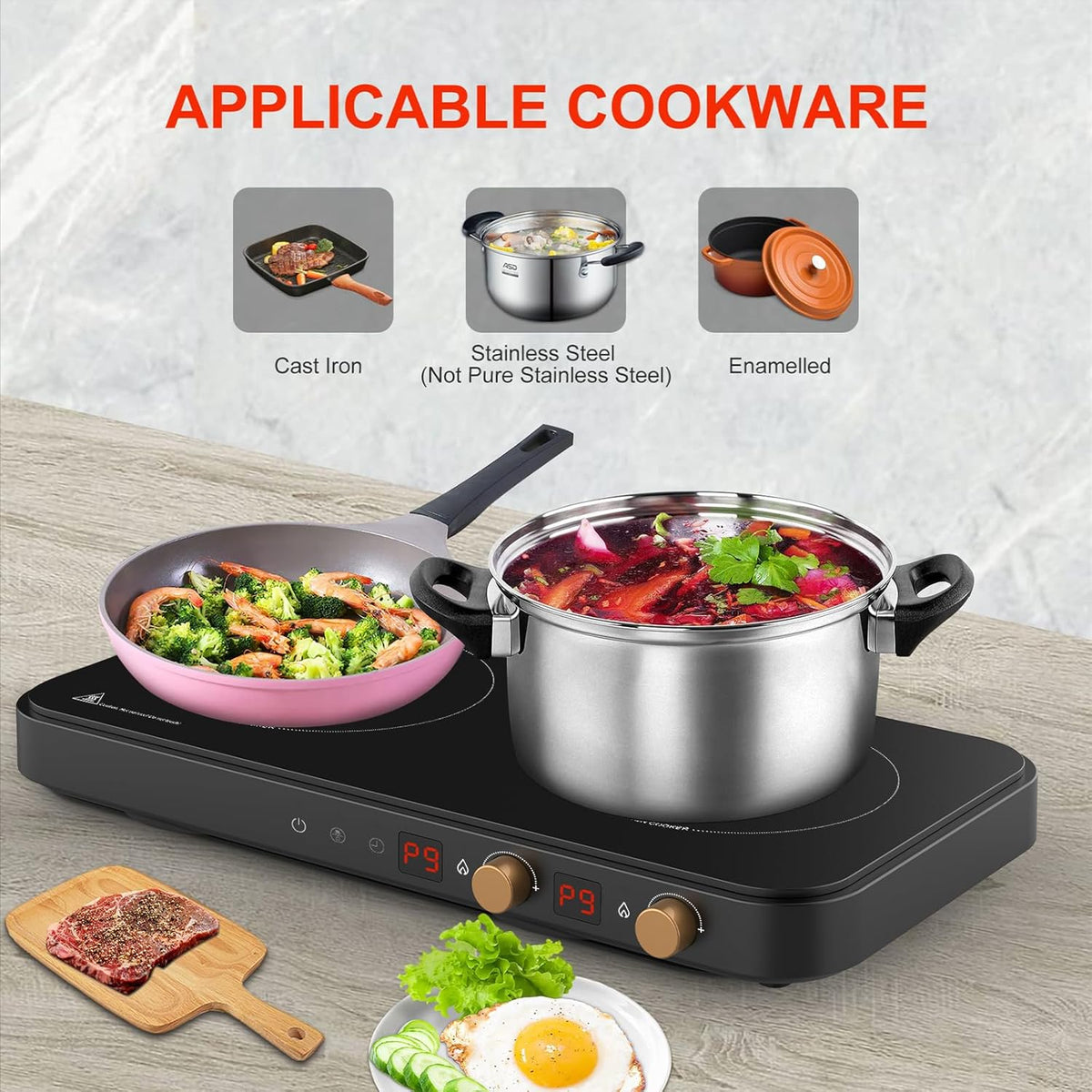 Induction cooker with 2 burners, detachable baking tray, non stick, temperature control option with timer, suitable for kitchen and outdoor barbecue