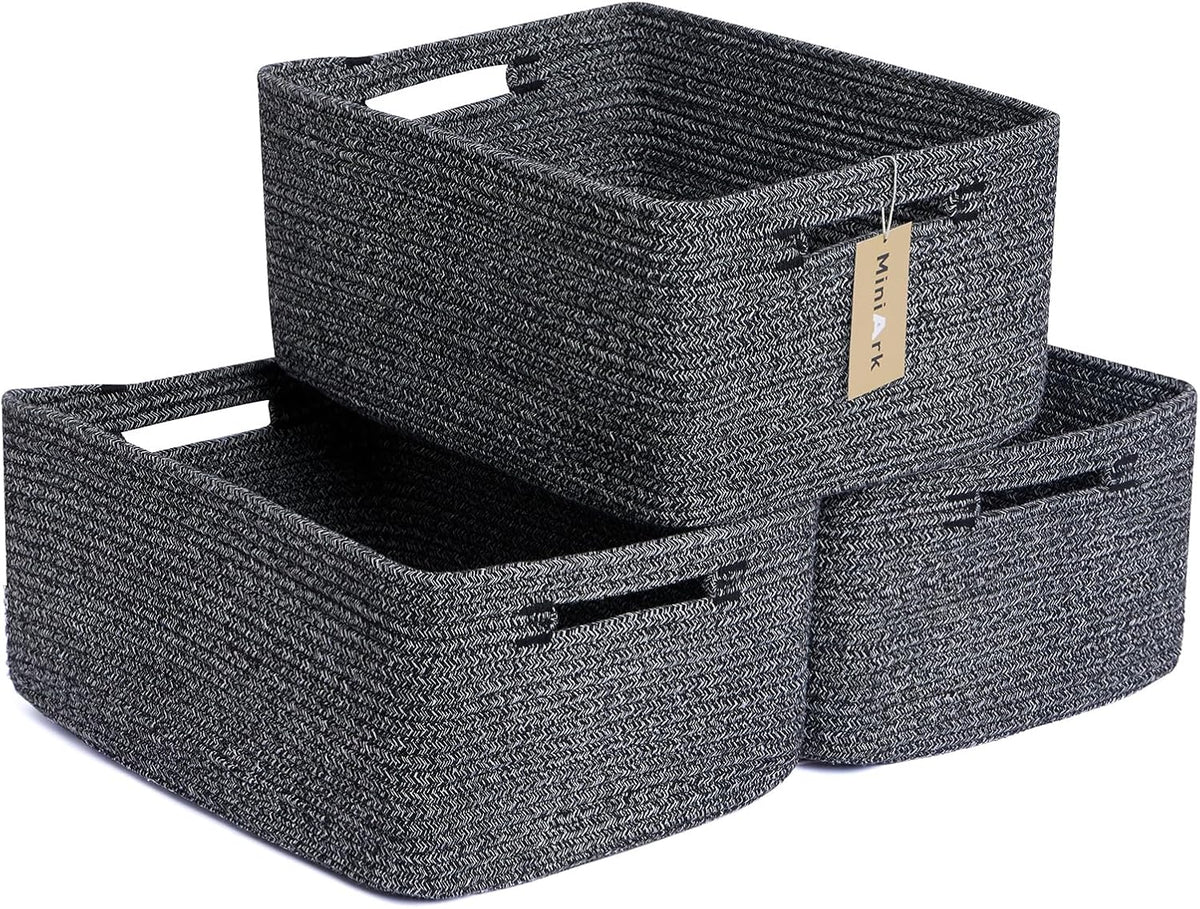 Large Storage Baskets for Shelves, Closet Organizers Bins for Clothes Blanket Towels, Baby Nursery, Toy Baskets Box, Woven Rope Baskets, 17 x 13 x 7.5”, 3 Packs Dark Gray