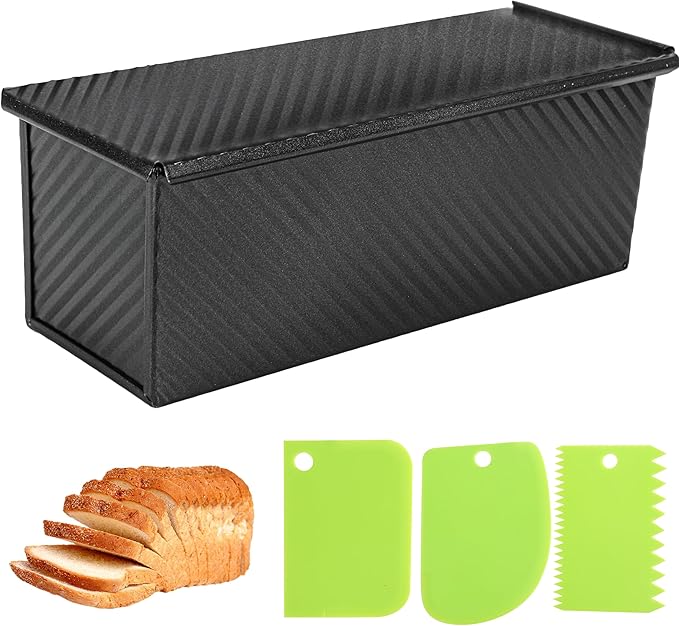 2.2lb Pullman Loaf Pan with Lid, 13inch SP-031 Bread Pan with Dough Scraper Cutter, Black Covered Loaf Pan for Sandwich Bread