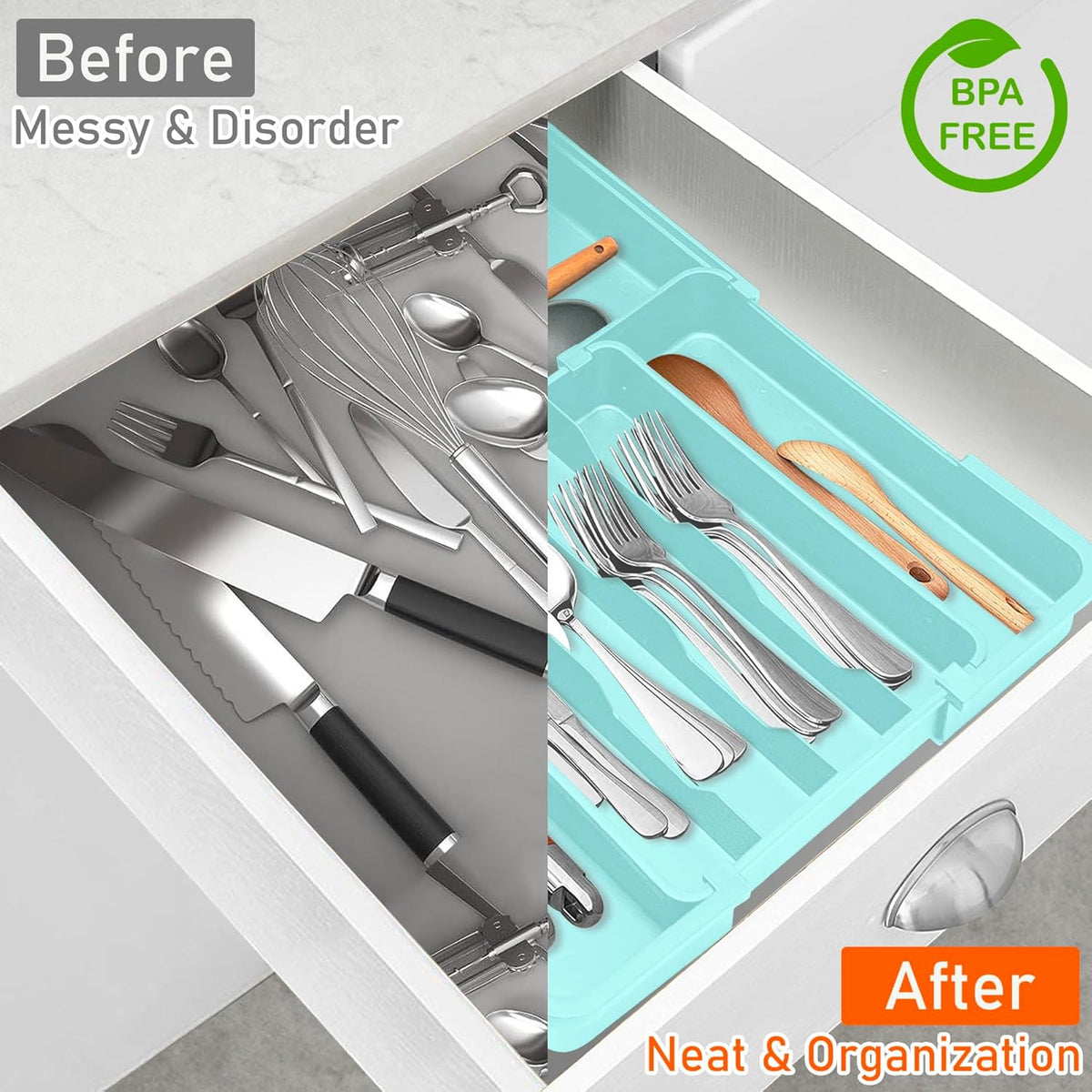 Silverware Organizer Expandable Silverware Drawer Organizer Adjustable Drawer Organizer, Flatware Cutlery Tray for Spoons Forks Knives Kitchen Organizers Storage,Turquoise