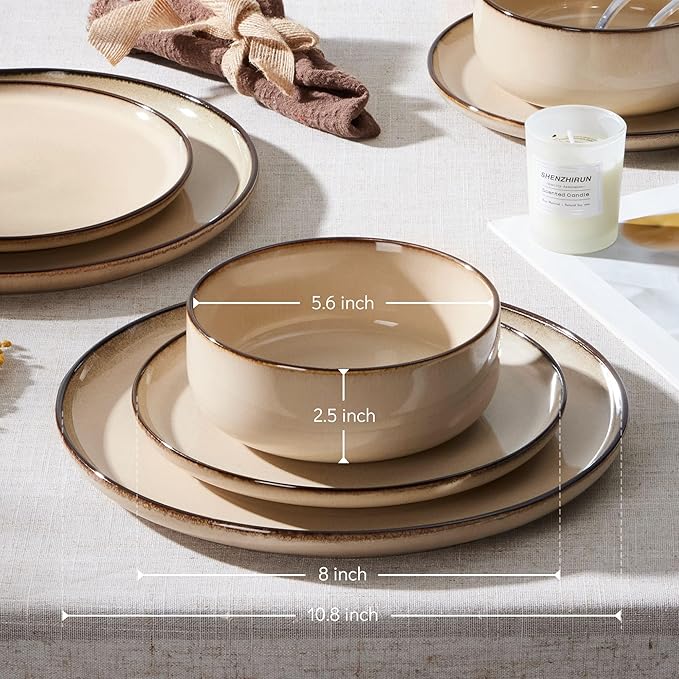E-far 18-Piece Dinnerware Sets, Stoneware Plates and Bowls Set for 6, Reactive Glaze Dinning Ware Dishes, Microwave & Dishwasher Safe - Sandy Beige