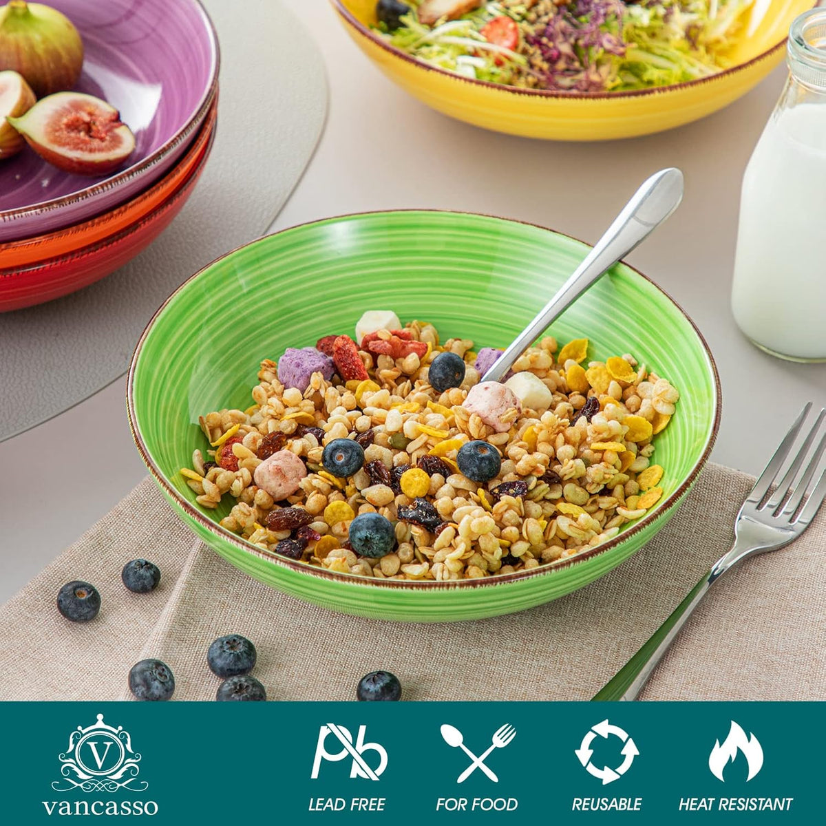 vancasso Bonita Pasta Bowls Set of 6, 38 oz Shallow Bowls, Ceramic Pasta Plates and Salad Bowls, Microwave & Dishwasher Safe Serving Bowls, Assorted Colors