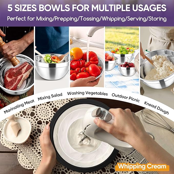 Herogo 5-Piece Mixing Bowls with Visible Lids, 3 Grater Attachments, Stainless Steel Salad Serving Bowls for Kitchen, 4.6/3.5/2.5/2/1.5 QT Ideal for Prepping & Cooking, Black