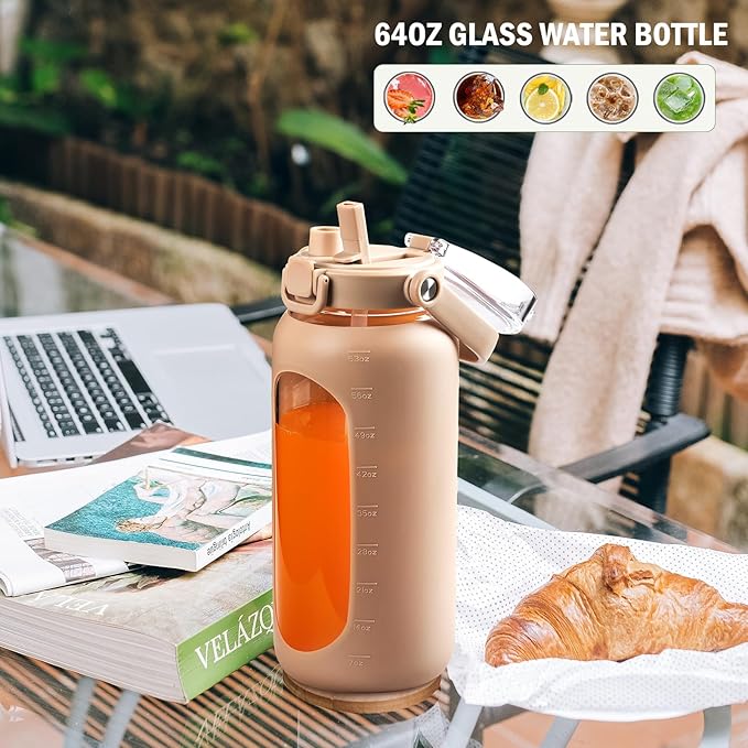 BLUEGO 64oz Glass Water Bottles with Straw Time Marker Half Gallon Large Motivational Water Bottle with Silicone Sleeve 2 Liter Large Glass Water Jug for Gym, Sports& Workout, Daily, Amber