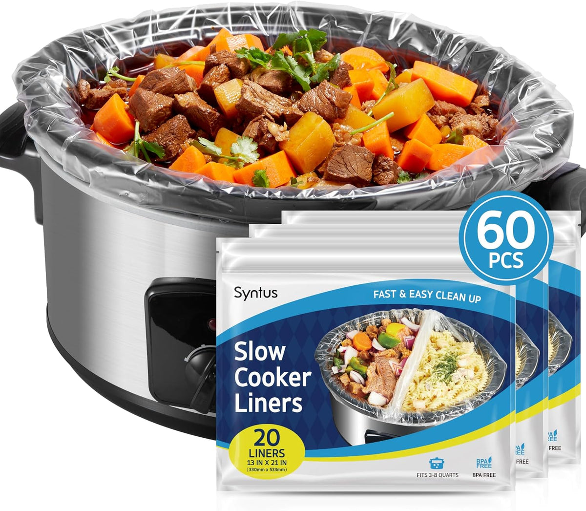 Syntus Crock Pot Liners, 60 Count 13" x 21" Large Size Slow Cooker Liners Fits 3-8 Quart Pots, Disposable Cooking Bags Suitable for Oval & Round & Retangular Crock Pot