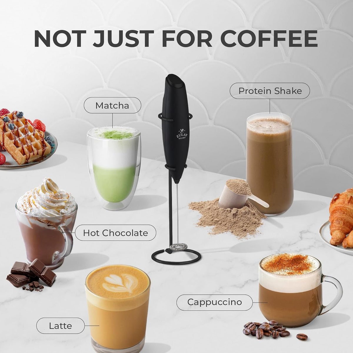 Zulay Kitchen Powerful Milk Frother Wand With 4 AA Duracell Batteries - Ultra Fast Handheld Drink Mixer - Electric Whisk Foam Maker for Coffee, Lattes, Cappuccino, Matcha & Creamer -