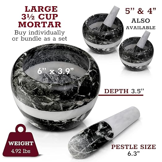 Gusto Nostro Natural Marble Mortar and Pestle Set | 6 Inch - 3.5 Cup Extra Large Mortar Pestle Set for Grinding Herbs, Nuts, Grains | Pesto Grinding and Guacamole Stone Bowl | Marble Spice Crusher