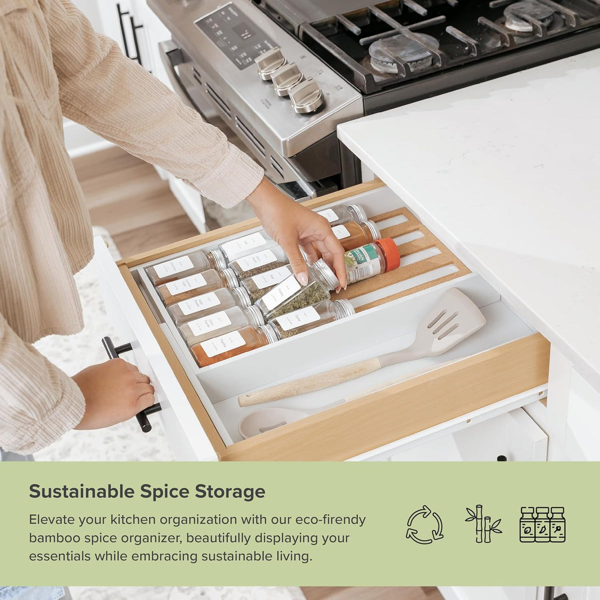 KitchenEdge Spice Drawer Organizer with Expandable Storage. Holds up to 15 Spice Jars (Not Included), Non-Slip Feet, Kitchen Accessory Storage, 100% Sustainable Bamboo Wood (White Bamboo)