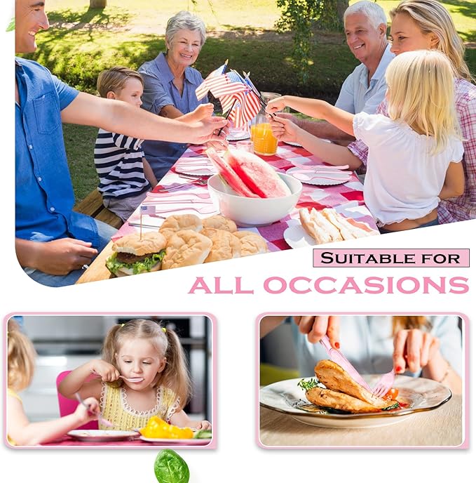 Minatee 150 Pieces Disposable Cutlery Set Plastic Silverware Heavy Duty Utensil Sets 50 Forks 50 Knives 50 Spoons for Home Office School Party Picnics Restaurant Outdoor Events(Pink)