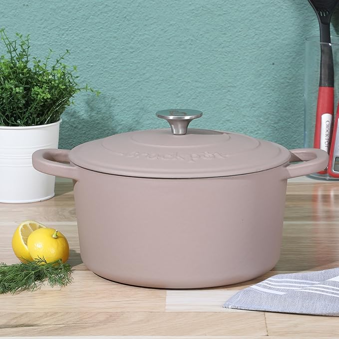 Crock-Pot Artisan 5-Quart Round Cast Iron Dutch Oven with Lid – Matte Dusty Pink, Durable Oven Safe Cookware