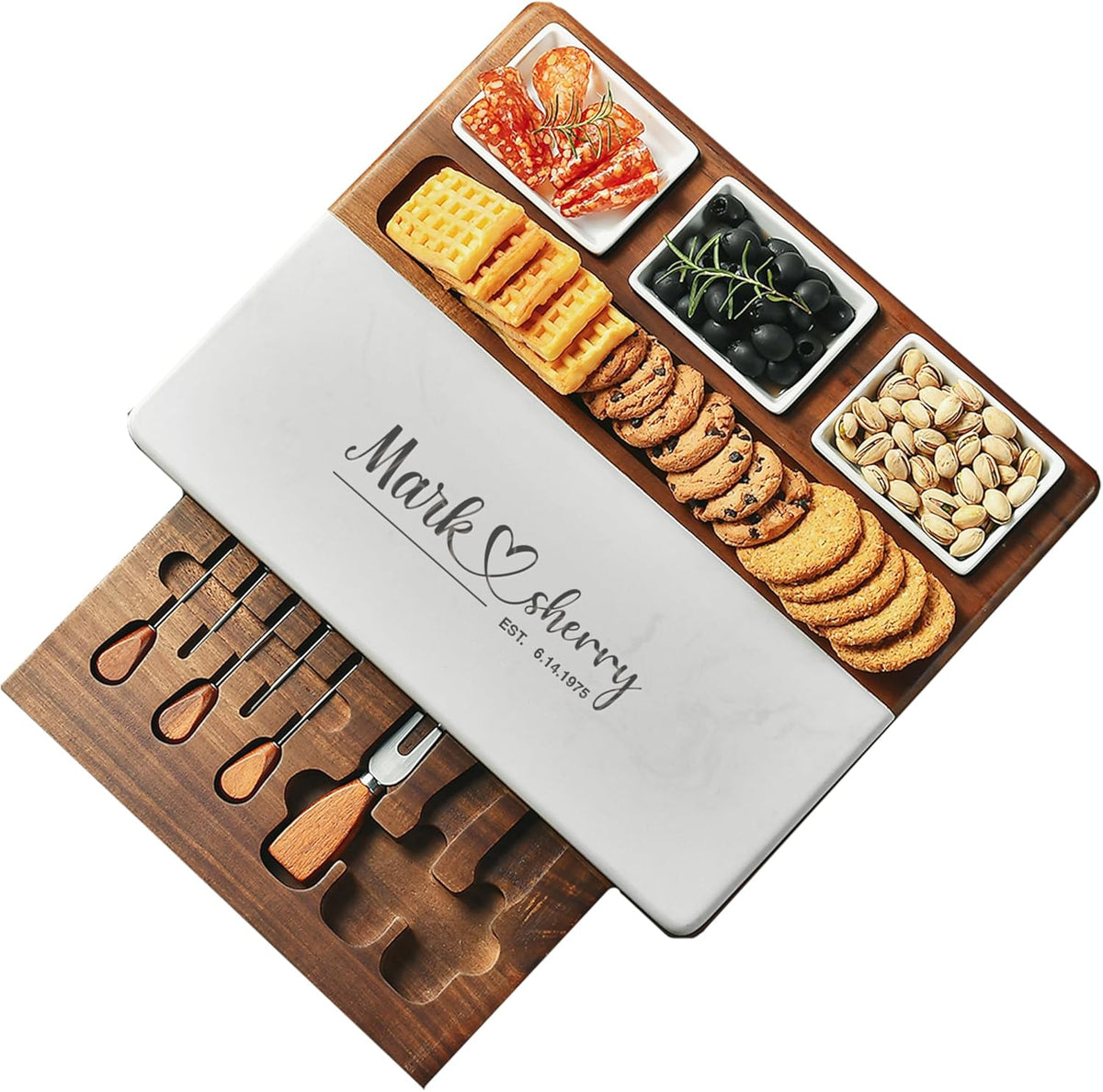 Shanik Wood - Marble Cheese Board Set with 3 Ceramic Bowls - Stainless Steel Cutlery Set, Charcuterie Board & Gift for Any Occasion (with Engraving)