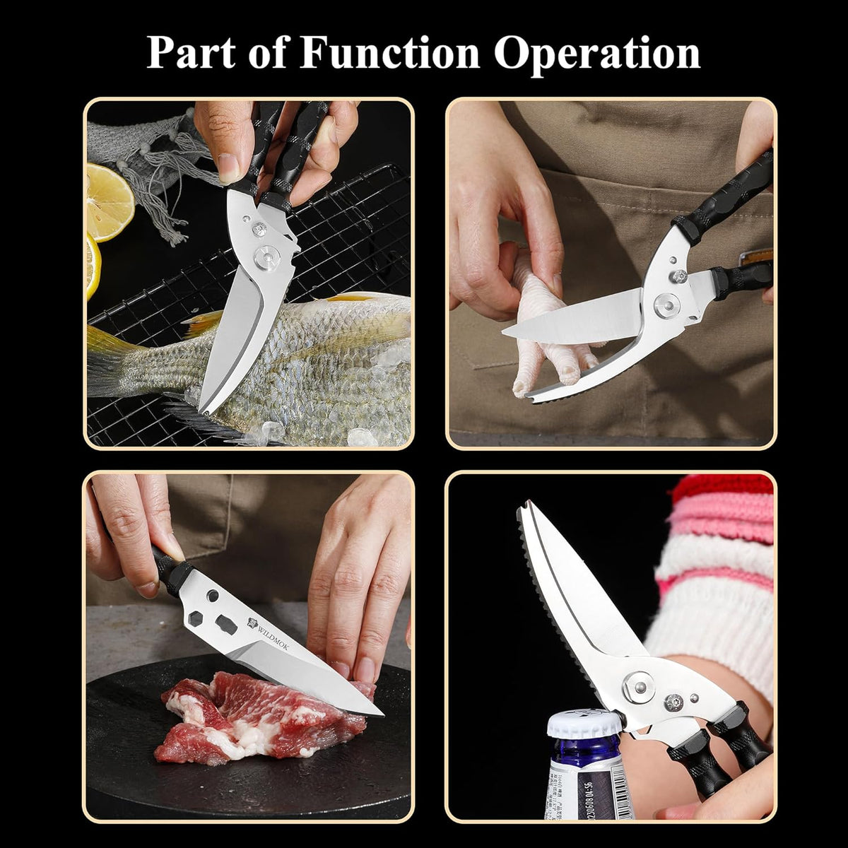 WILDMOK Heavy Duty Poultry Shears - 8.5 Inch Multi-function Stainless Steel Poultry Outdoor Shears, Ultra Sharp Kitchen Scissors for Outdoor Camp, Black