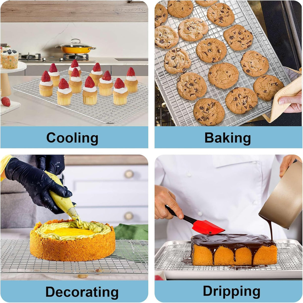 TeamFar Cookie Sheets with Cooling Racks, 17.6 x 13 x 1 Inch Stainless Steel Baking Pan with Grid Rack for Baking Roasting, Non-Toxic & Heavy Duty, Dishwasher Safe, 2 Pans with 2 Racks