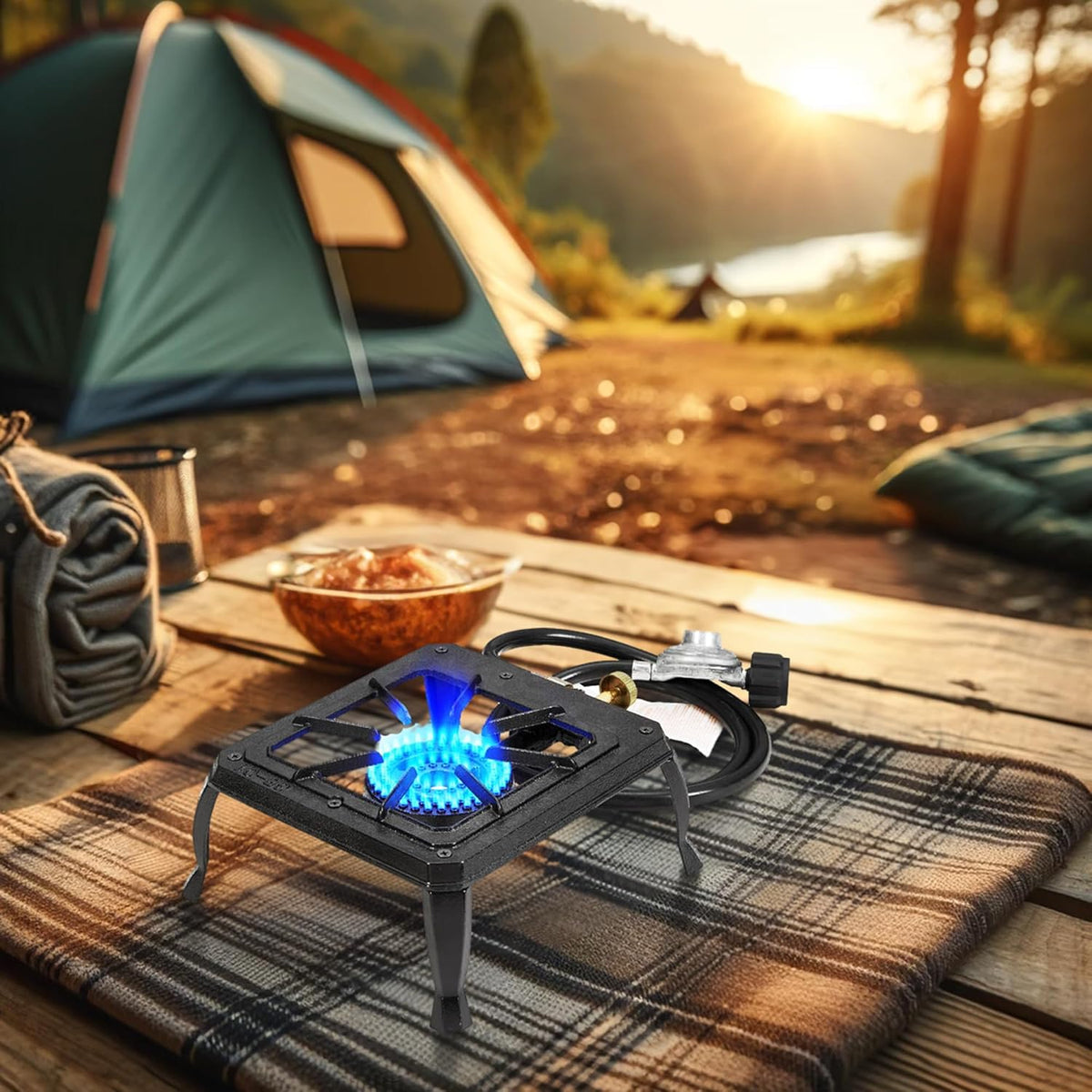 Vivicreate Single burner cast iron flame camping stove, include CSA listed regulator and gas hose (HT-C-0011)