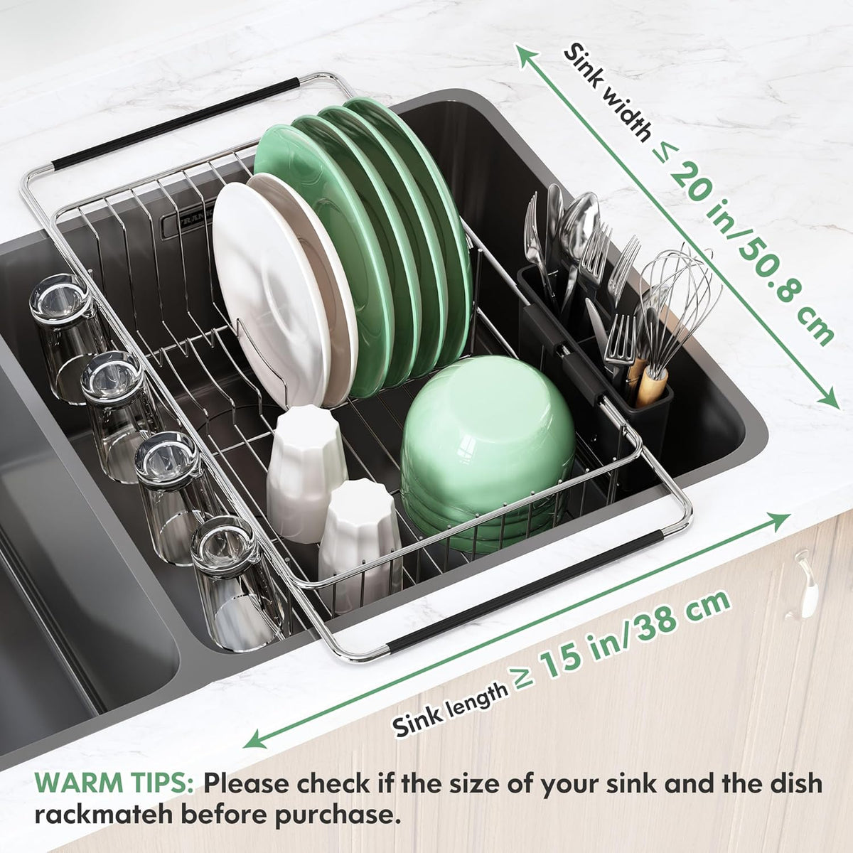 Over the Sink Expandable Dish Drainer Drying Rack In Stainless Steel for Small Kitchen, Counter Space Saving Modern Compact Metal Above Plate Dryer Strainer, Adjustable Hanging Inside Drain Holder