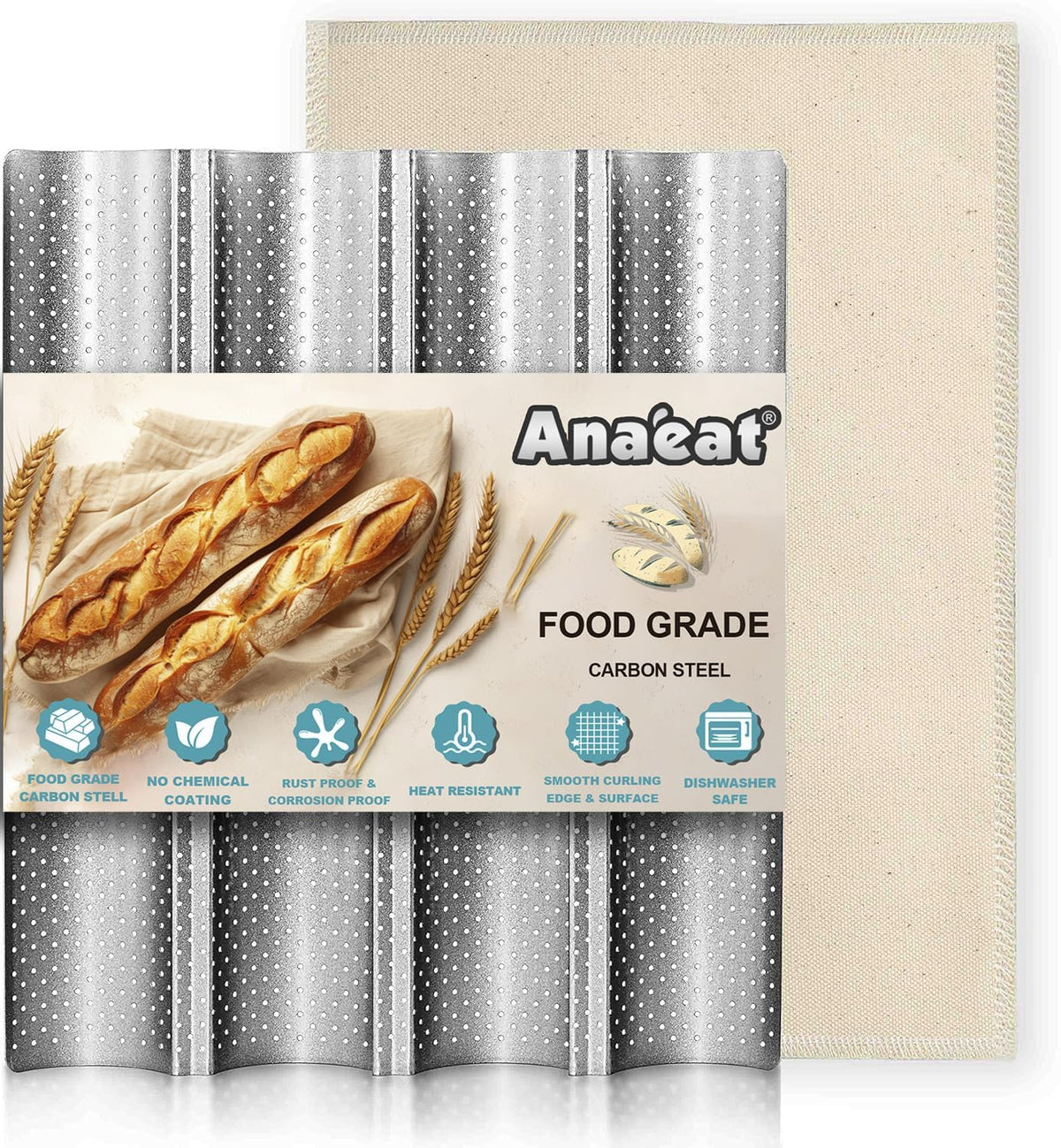 Anaeat Nonstick French Baguette Bread Pan with Thick Professional Proofing Cloth Dough Couche - Long Sourdough Bread Baking Pan Tray for Professional & Home Baker, Perforated Loaves Bake Mold Supplies