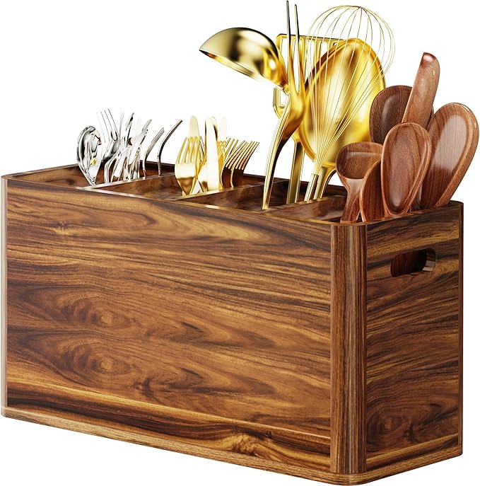 Yirilan Wooden Kitchen Utensil Holder for Counter, Acacia Wood Utensil Holder for Storage Cooking and Silverware with 4 Compartment, Rustic Wooden Organizer Container