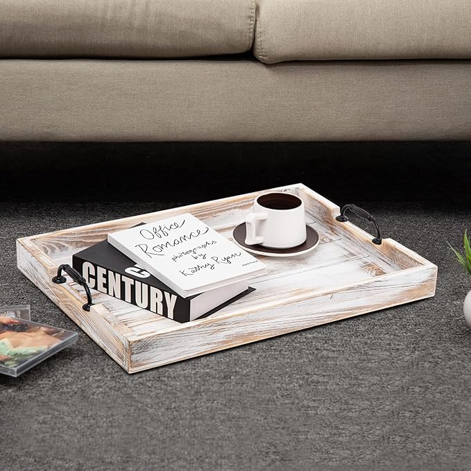 Rustic Vintage Big Wood Food Breakfast Serving Trays with Cutout Metal Handles(20 Inches) Large Nesting Board Decorative Serving Trays Platter in Bed, Ottoman, Coffee Table, BBQ, Party(Washed White