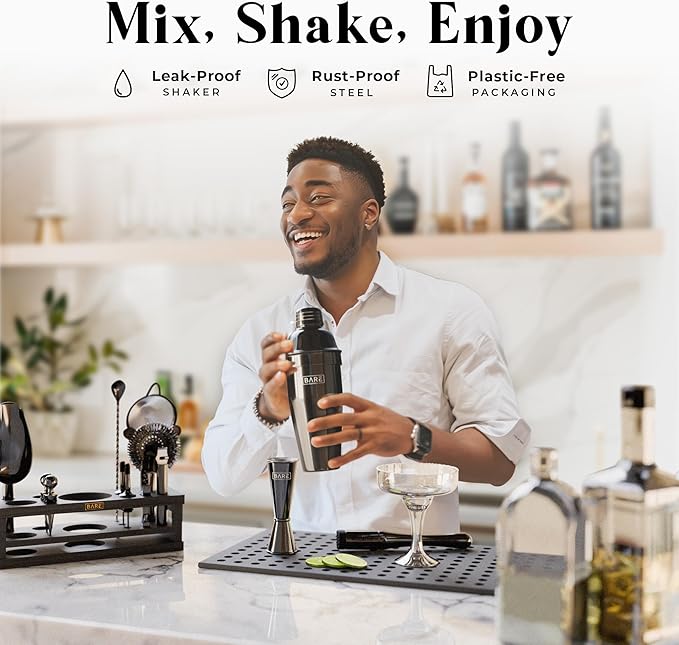 BARE BARREL® Mixology Bartender Kit Bar Set | 16-Piece Cocktail Shaker Set | Martini Barware Mixing Tools for Home Bartending | Incl. 35 Recipe Cards | Gift Set (24oz Cobbler Shaker, Jet Black/Black)