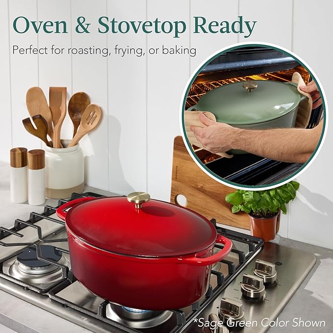 Best Choice Products Oval 7.5 Quart Enamel Cast-Iron Dutch Oven, Heavy-Duty Pre-Seasoned for Baking, Cooking w/Side Handles – Red