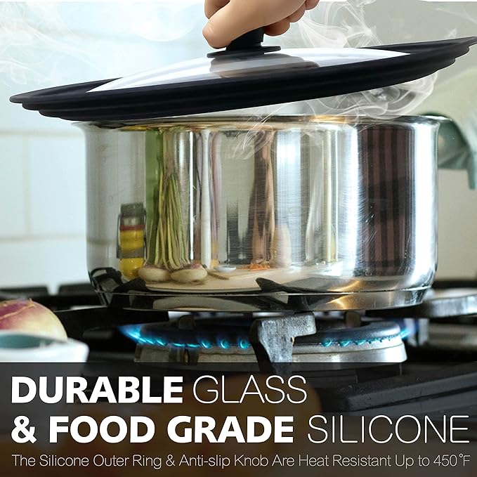 Anaeat Silicone Universal Lid for Pots, Pans and Skillets - Tempered Glass Covered with Heat Resistant Silicone Rim Fits 11", 12" and 12.5" Diameter Cookware -Easy to Use Replacement Frying Pan Cover