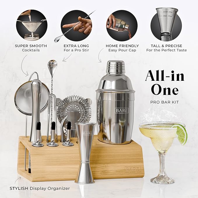 BARE BARREL® Mixology Bartender Kit Bar Set | 14-Piece Cocktail Shaker Set | Martini Barware Mixing Tools for Home Bartending | Incl. 35 Recipe Cards | Gift Set (24oz Cobbler Shaker, Silver/Natural)