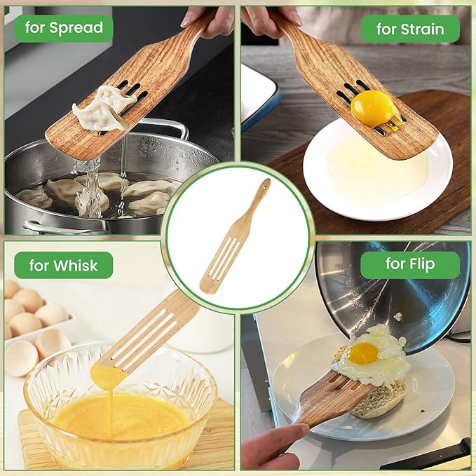 GEEKHOM Bamboo Spatulas, 13 Inch Wooden Kitchen Utensils, 2 Pack Wood Spurtle Set for Cooking, Slotted Wok Turners, Flipper for Nonstick Cookware Stirring, Serving Mixing Scraping