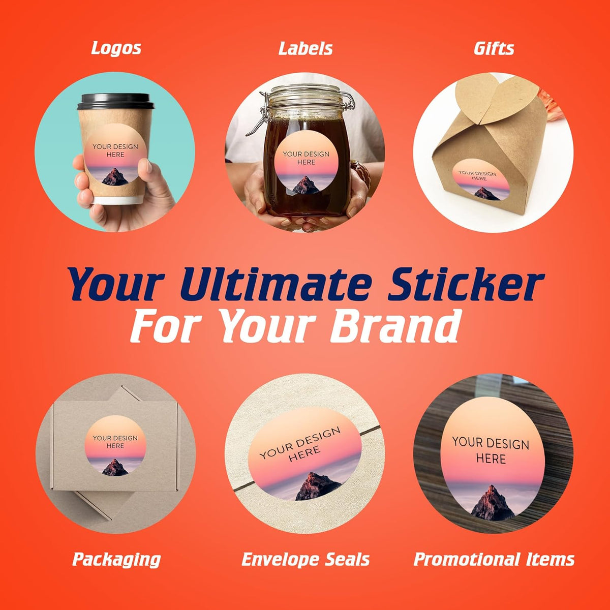 100 Custom Vinyl Stickers - Upload Your own Image, Text, Design, Logo - Personalized Logo Labels for Handmade, Packaging, Bottle, Jars, Candle, Brand Stickers (Mountain, 4x4)