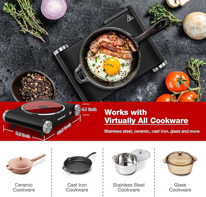 Hot Plate, Techwood Single Burner for Cooking, 1200W Portable Infrared Ceramic Electric Stove with Adjustable Temperature, 7.1” Cooktop for Home/RV/Camp, Compatible for All Cookwares, Black
