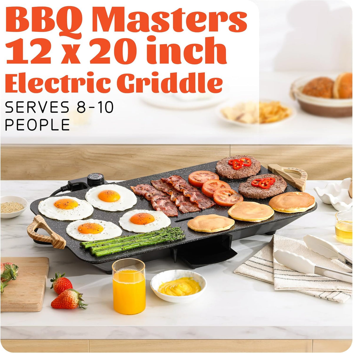 12x20inch Electric Griddle by BBQ Masters, 1700W Fast Even Heating, ILAG Granite Nonstick, Sloped Cooking Surface, Frameless Design for Easy Cleaning, Great for Family Gatherings, Black