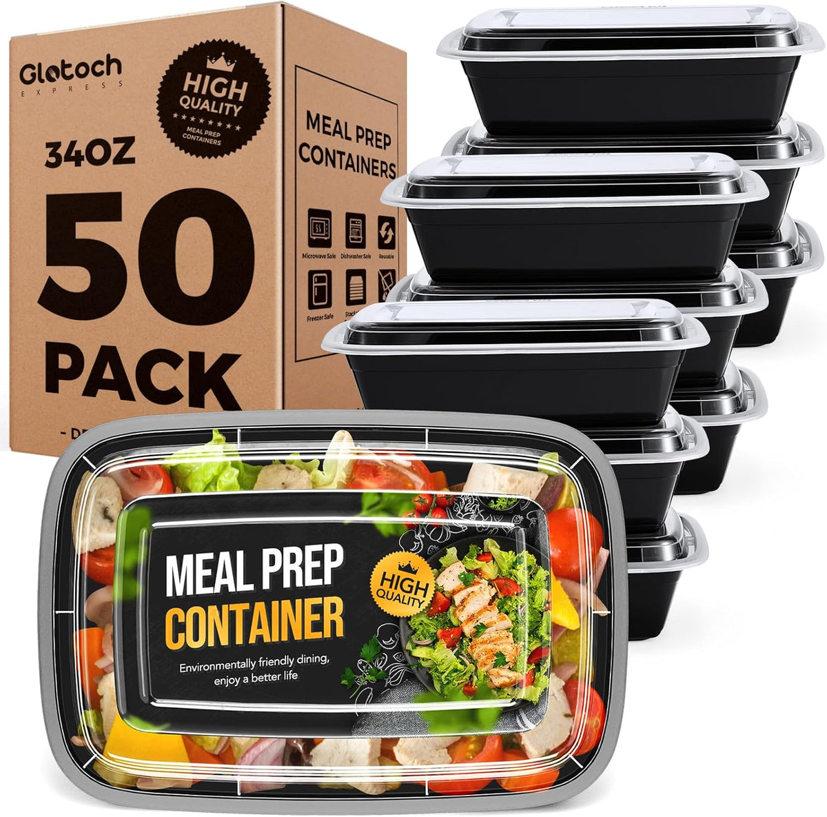 100-Piece (50-Pack) 34 OZ Meal Prep Containers Reusable with Lids, Sturdy Leakproof & Food Safe, Microwave, Freezer, Dishwasher Safe To Go Food Containers, Plastic Take Out Containers, Black
