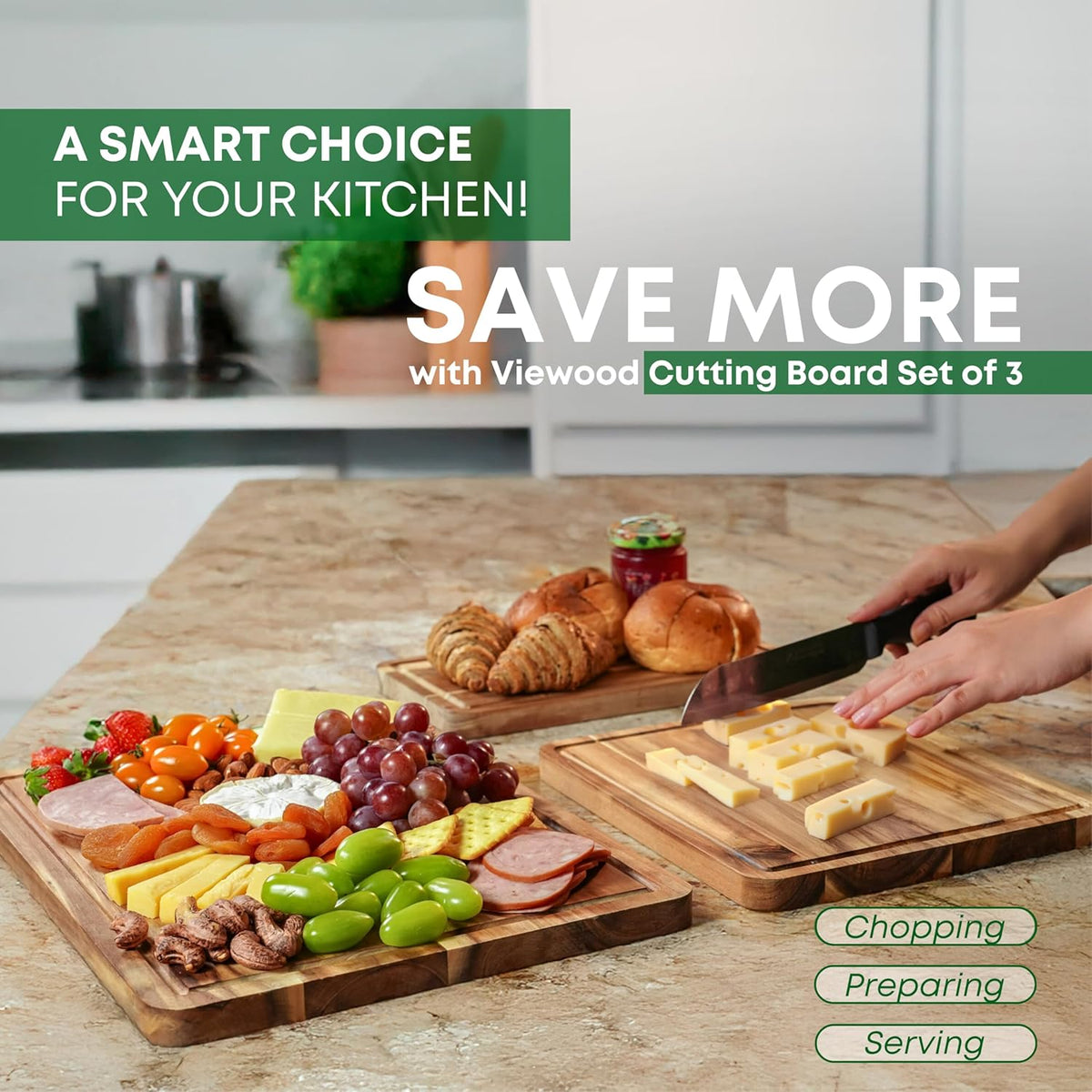 VieWood Acacia Wood Cutting Board Set of 3 for Kitchen, Butcher Block Cutting Board with Juice Grooves, Wooden Tray for Charcuterie Cheese, Meat, Pre-oiled Chopping Board, Durable, Knife-Friendly
