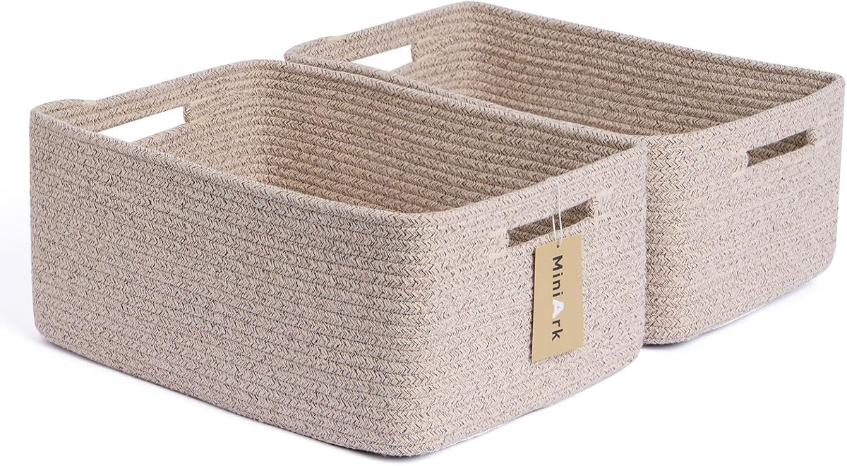 Large Storage Baskets for Shelves, Closet Organizers Bins for Clothes Blanket Towels, Baby Nursery, Toy Baskets Box, Woven Rope Baskets, 17 x 13 x 7.5”, 2 Packs Mixed Brown