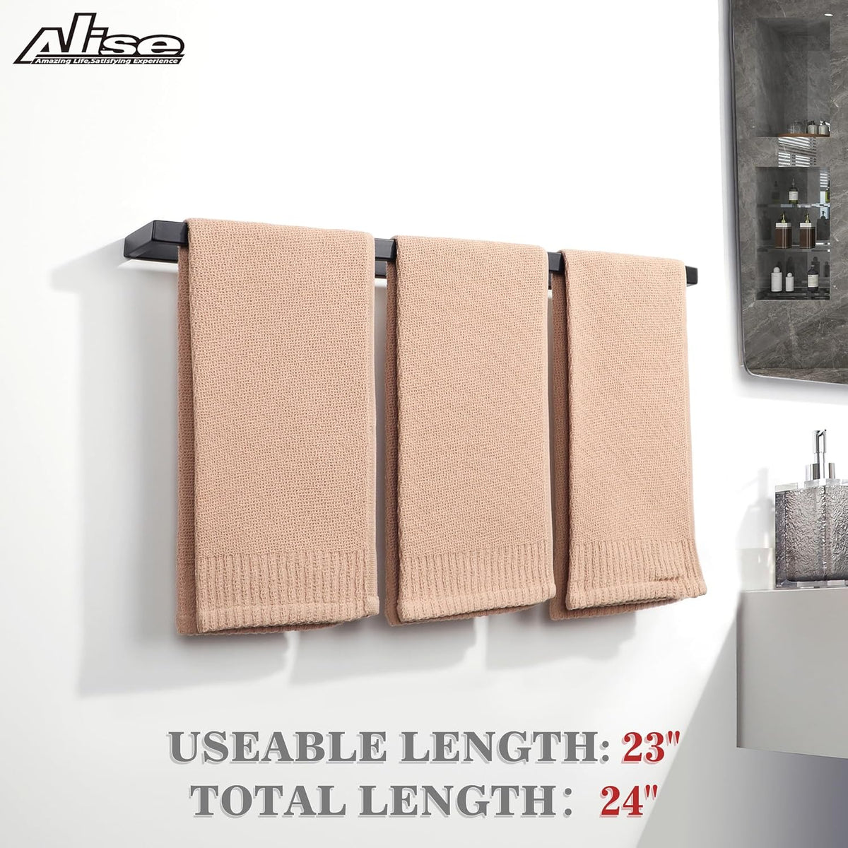 Alise Bath Towel Bars,24 Inch Towel Holder Towel Racks for Bathroom and Lavatory,SUS304 Stainless Steel Hand Towel Hanger Rail Wall Mount,Matte Black GJF060-B