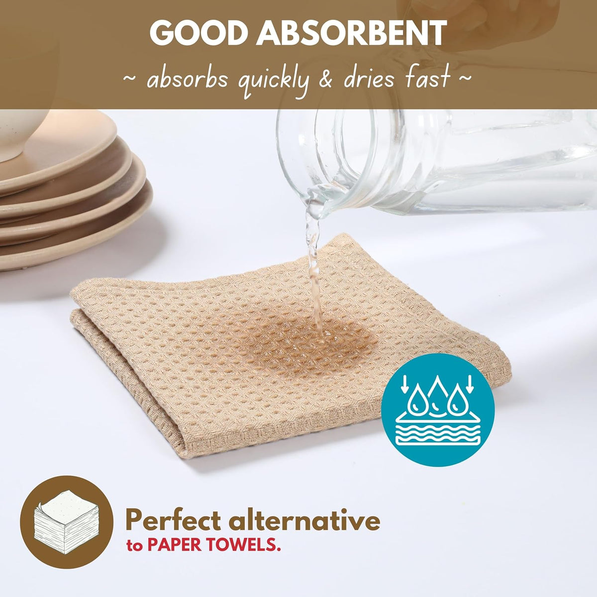 Native Fab Cotton Kitchen Towel with Hanging Loop 16x26 inches, 12-Pack, Waffle Weave Kitchen Towels for Cleaning Drying, Washcloths Soft & Absorbent Cloth Rags, Bar Towel, Dish Cloth, Beige
