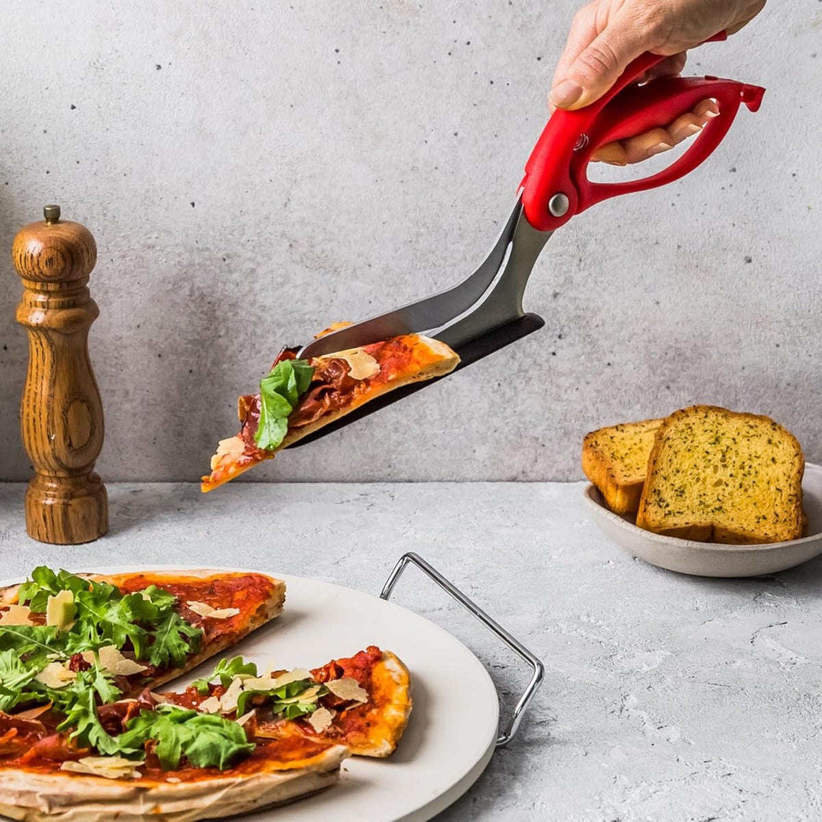 Dreamfarm Scizza 2-In-1 Easy Ergonomic Pizza Scissors with Stainless Steel Pizza Cutter Blades & Non-Stick Slice Server - Red