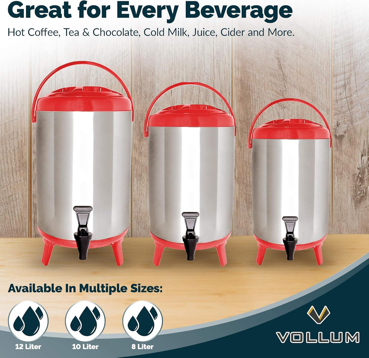 Stainless Steel Insulated Beverage Dispenser – Insulated Thermal Hot and Cold Coffee Carafe – 10 Liter Drink Dispenser with Spigot for Hot Water, Tea & Coffee, Cold Milk, Juice & More RED