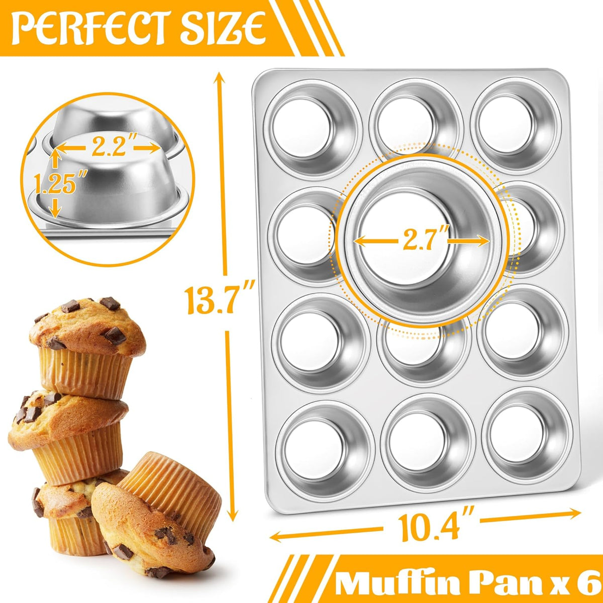 E-far Stainless Steel Muffin Pan Set of 6, 12 Cups Cupcake Pans Tins for Baking, Non-Toxic Metal Muffin Tray Molds for Small Mini Cupcake, Heavy Duty & Regular Size, Rust Free & Dishwasher Safe