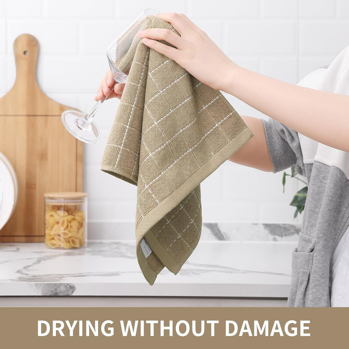 Homaxy 100% Cotton Terry Kitchen Towels(Tan, 13 x 28 inches), Checkered Designed, Soft and Super Absorbent Dish Towels, 12 Pack