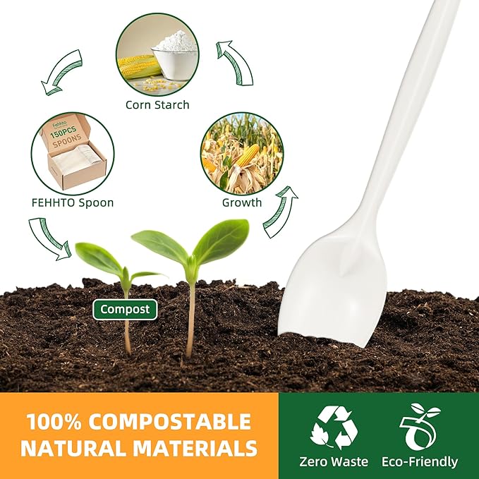 100% Compostable Disposable Spoons, 6.7" 150pcs Heavy Duty Utensils Eco-Friendly Cornstarch Cutlery Durable and BPI-Certified Party Supplies No Plastic, Ivory White
